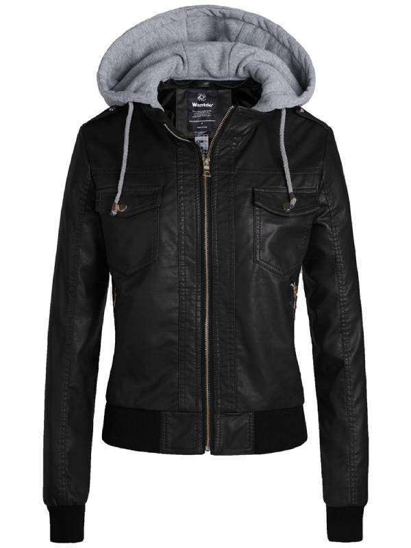 Women's Faux Leather Hooded Biker Moto Jacket – Light Black