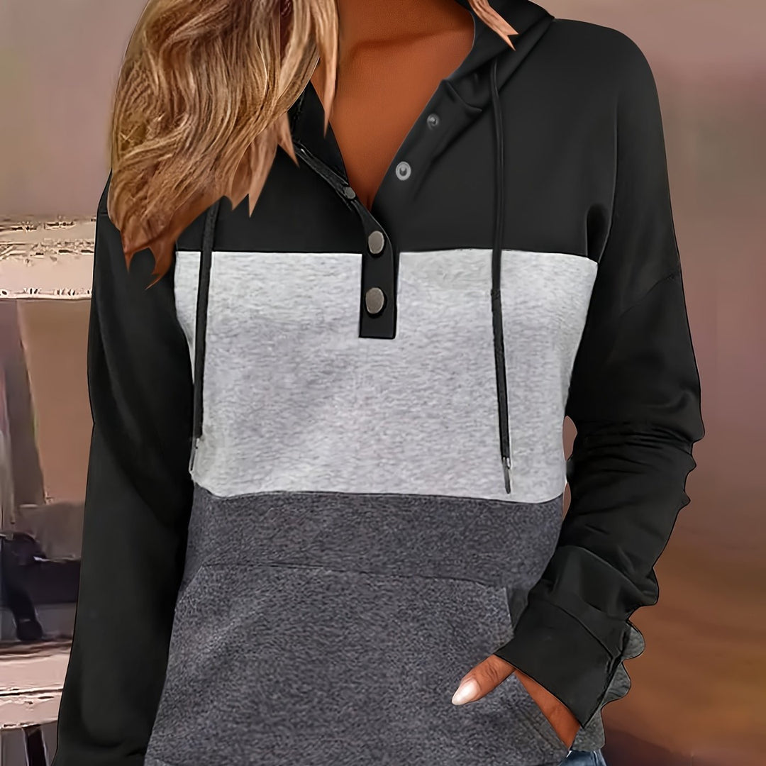 Color Block Button-Neck Hoodie for Women