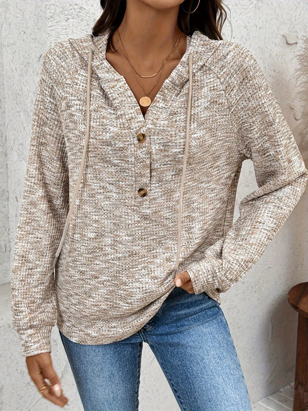 Beige & White Button-Up Hooded Sweatshirt for Women