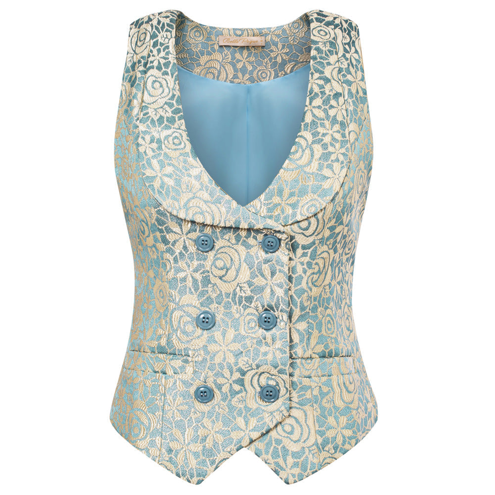 Women's Vintage-Style Double-Breasted Floral V-Neck Vest