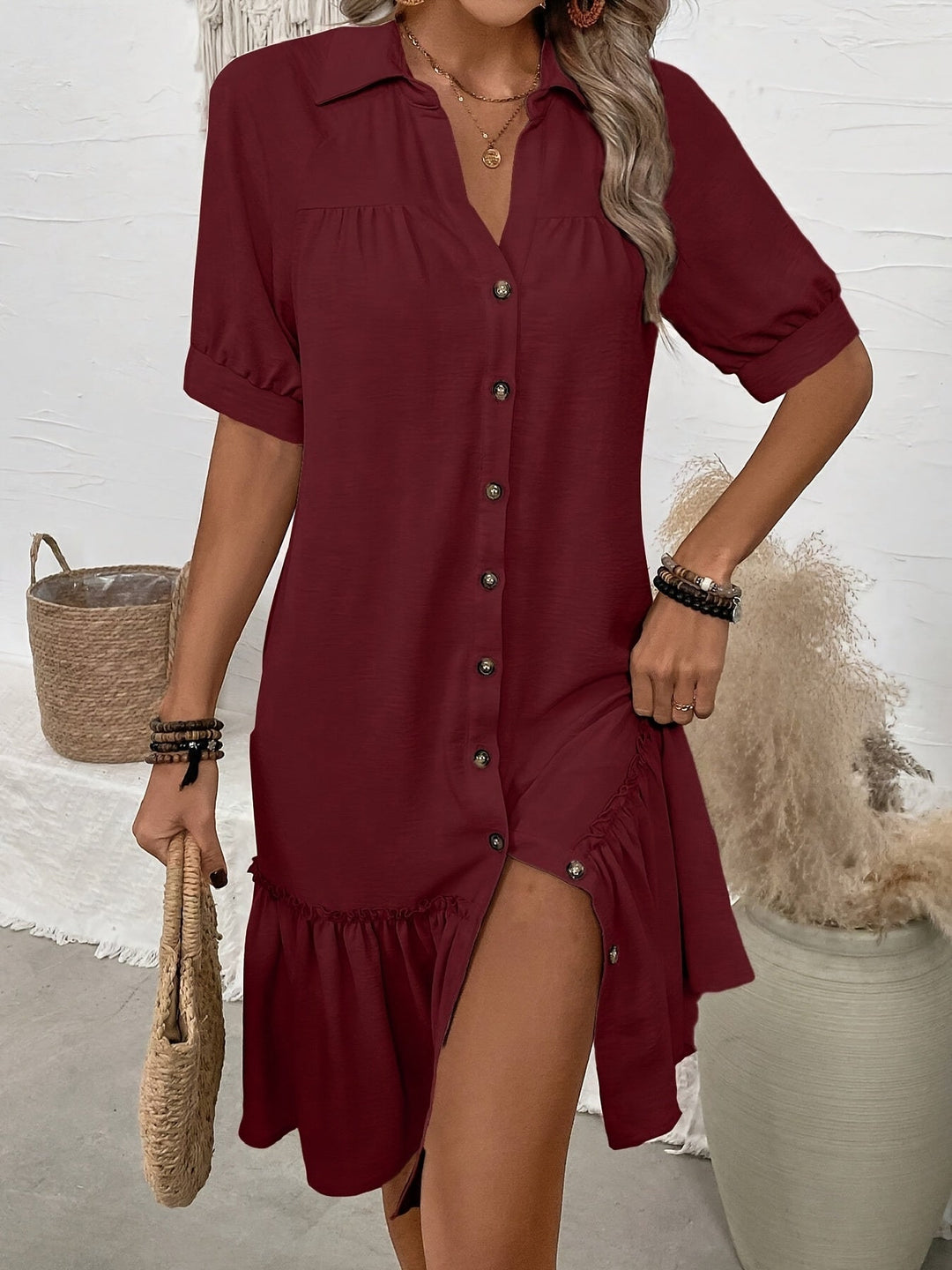 Buttoned Boho Midi Dress for Women