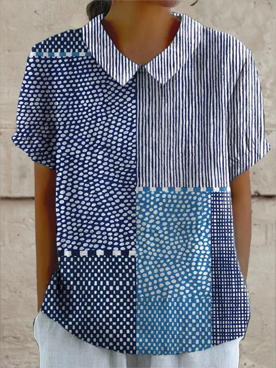 Blue Elegant Patchwork Art Shirt