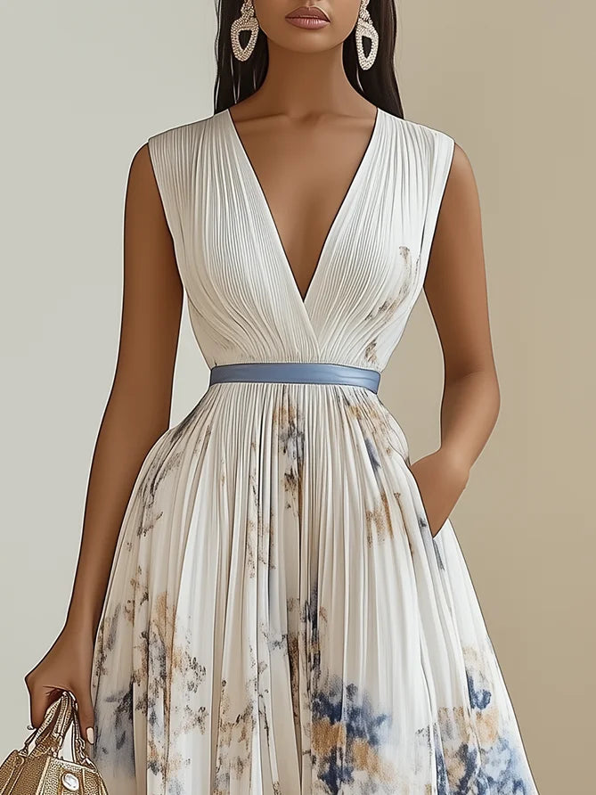 Sleeveless Long V-Neck Dress for Women, Elegant Style