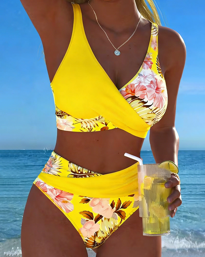 Floral Contrast Cut-Out Bikini for Women, Plus Size