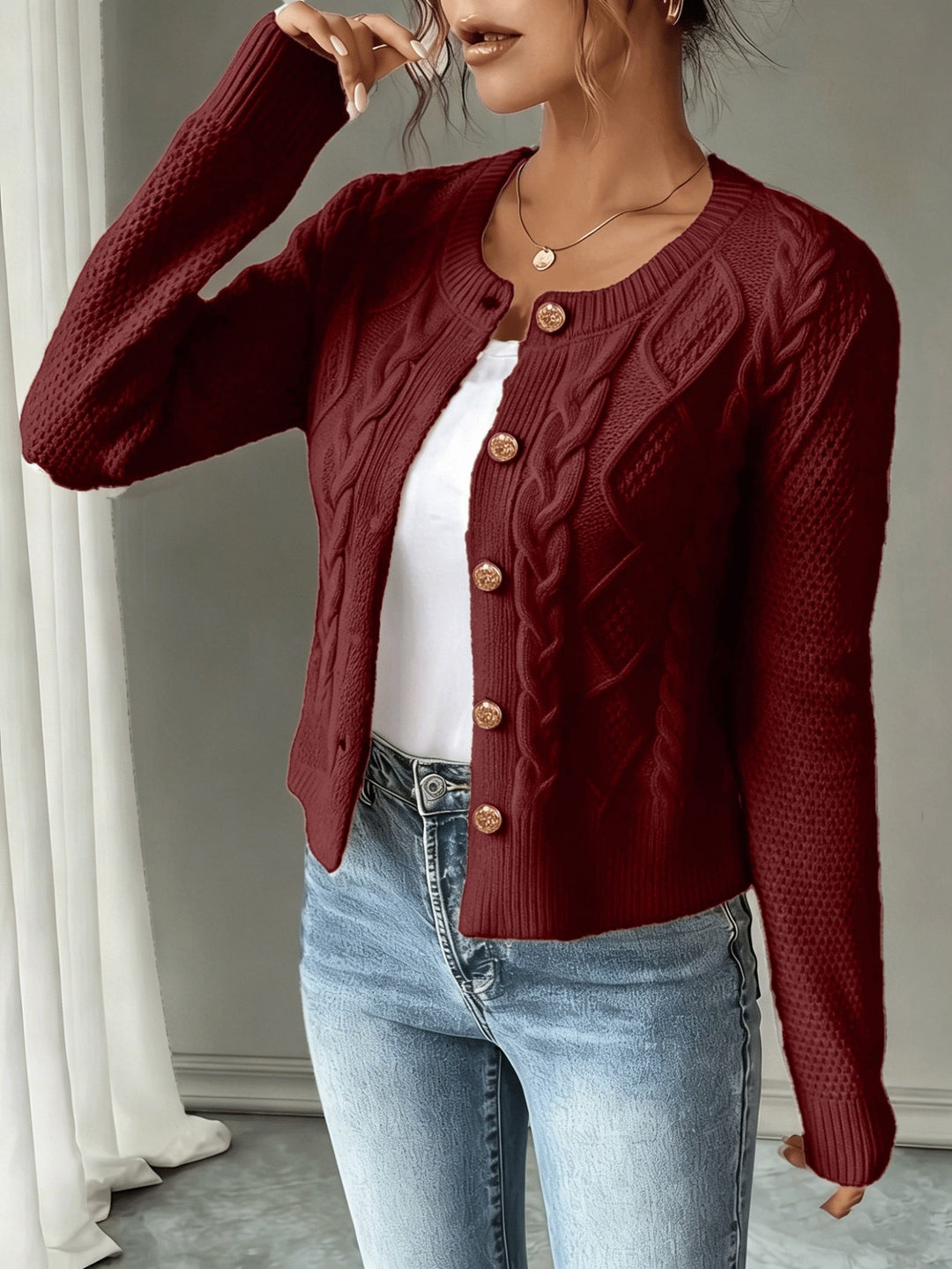 Cable-Knit Button-Front Cardigan for Women