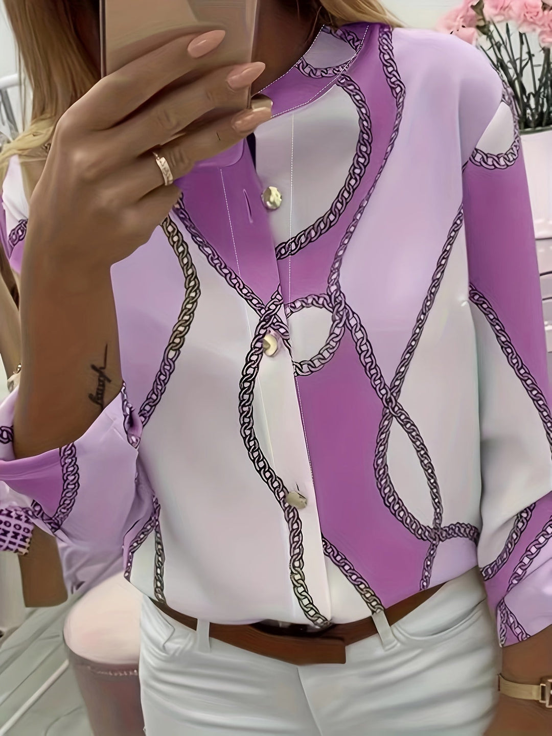 Women's Chain-Print Collared Shirt