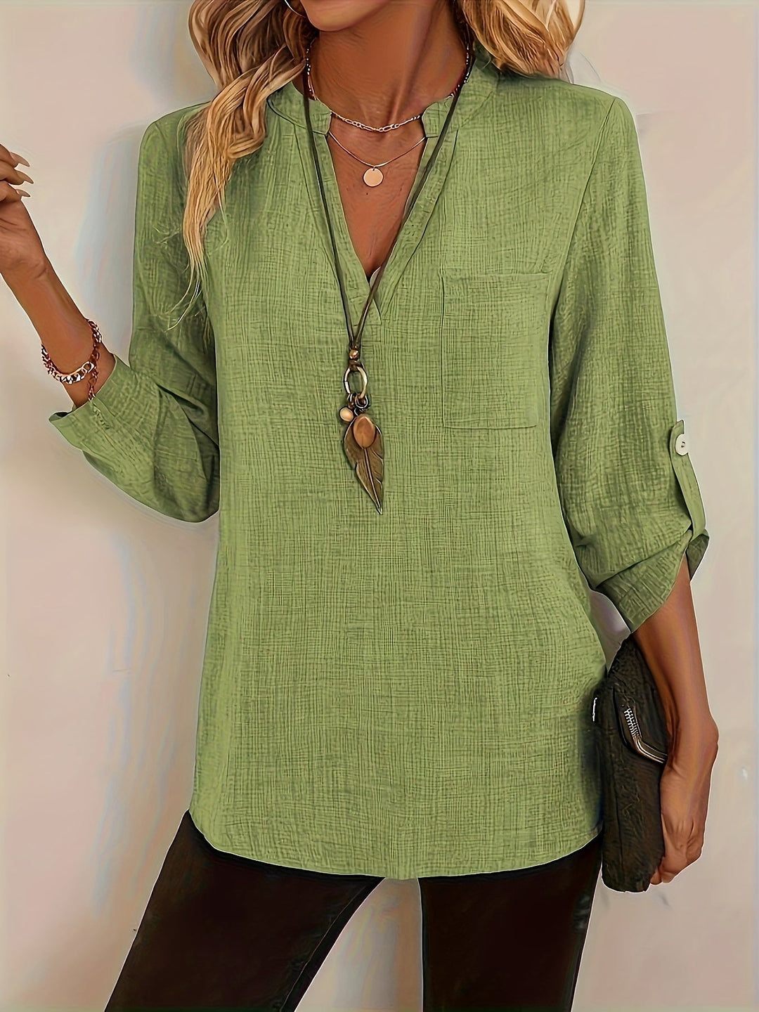 V-Neck Roll-Sleeve Top for Women, Refined Style