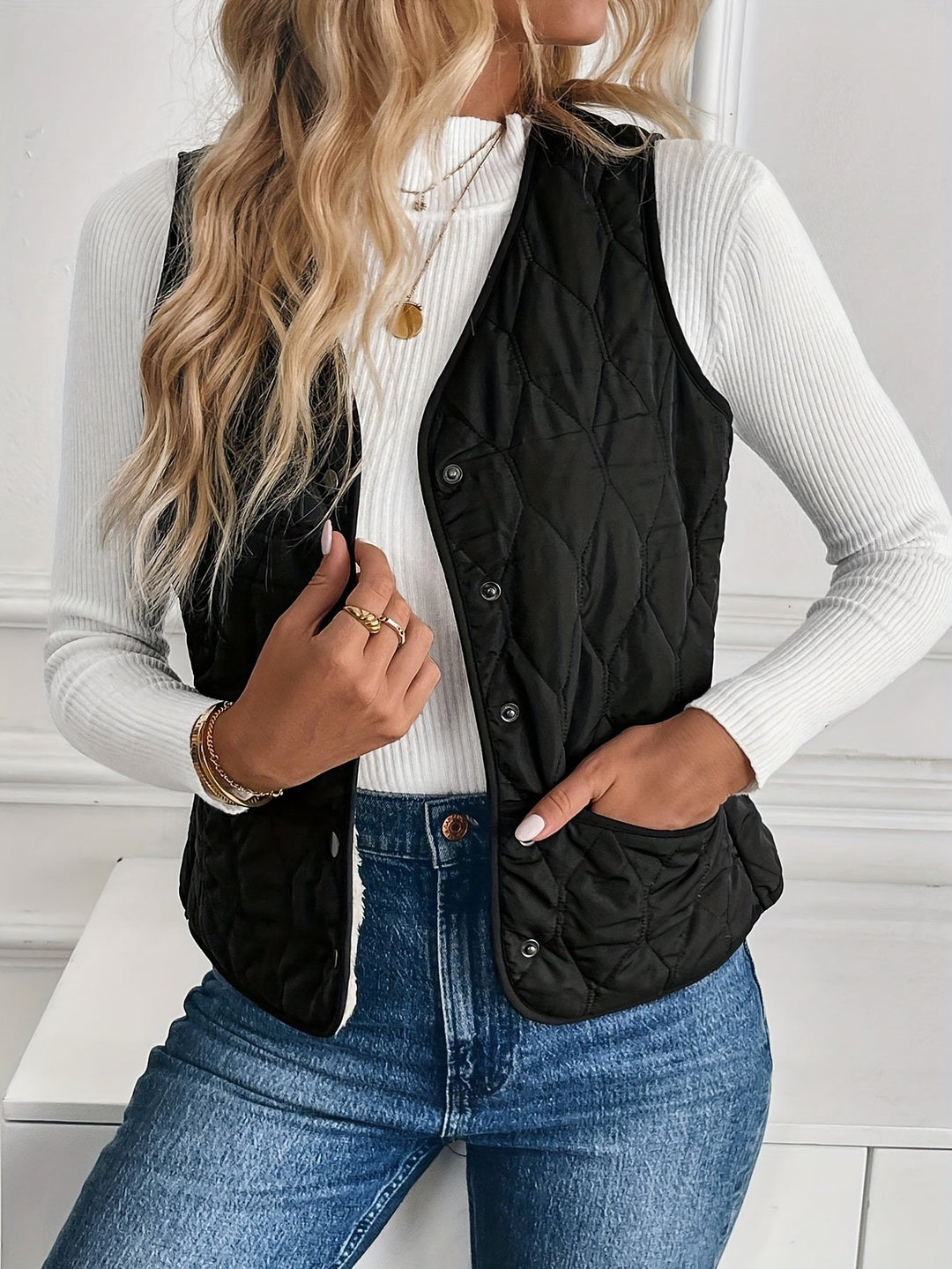 Black Reversible Quilted Vest for Women