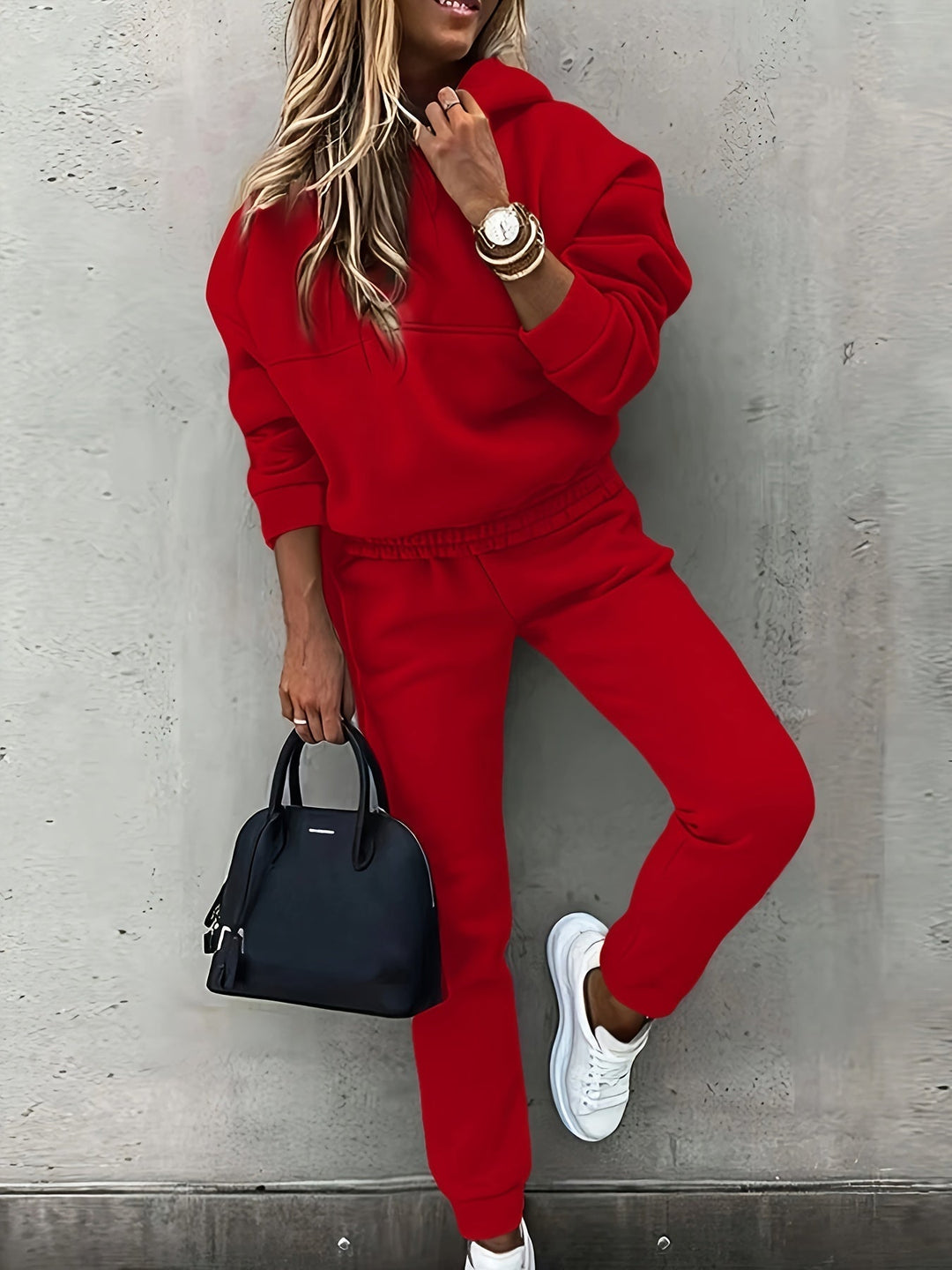 Red Relaxed Hooded Two-Piece Set for Women