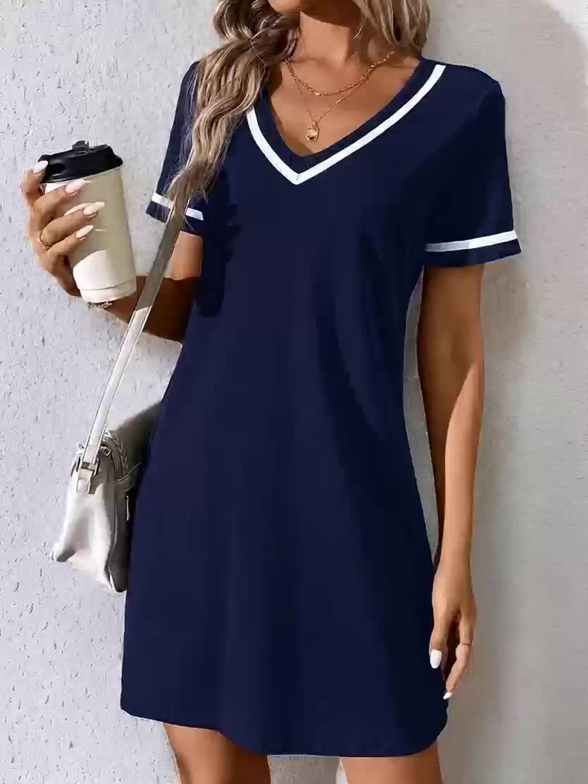 V-Neck Color-Block Shift Dress for Women