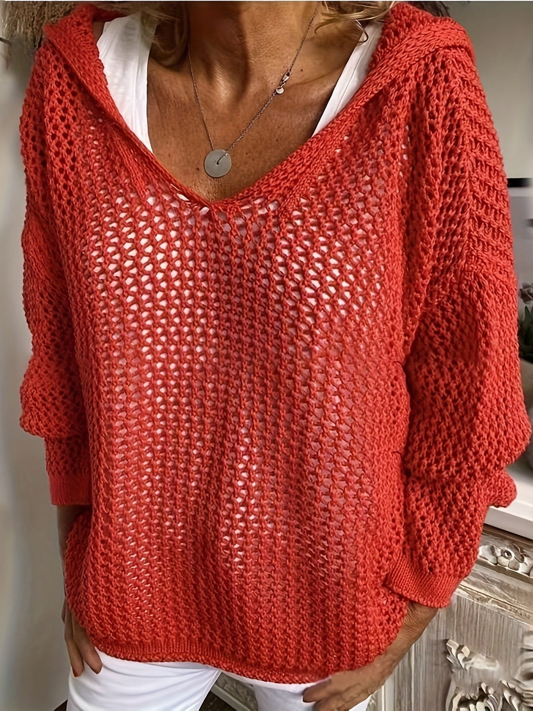 Open-Knit Hooded Sweater for Women, Relaxed Style