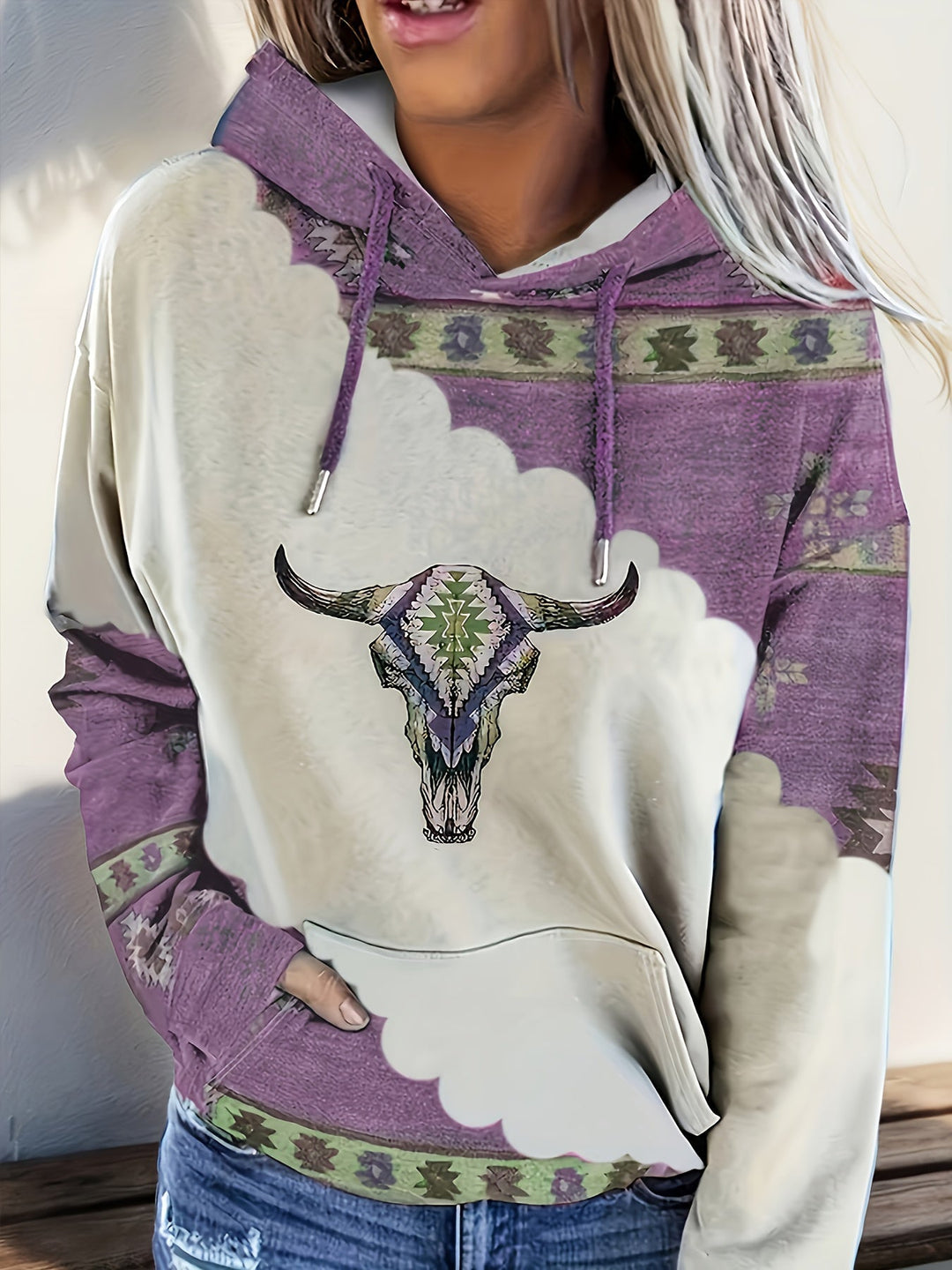 Western-Inspired Print Hoodie for Women