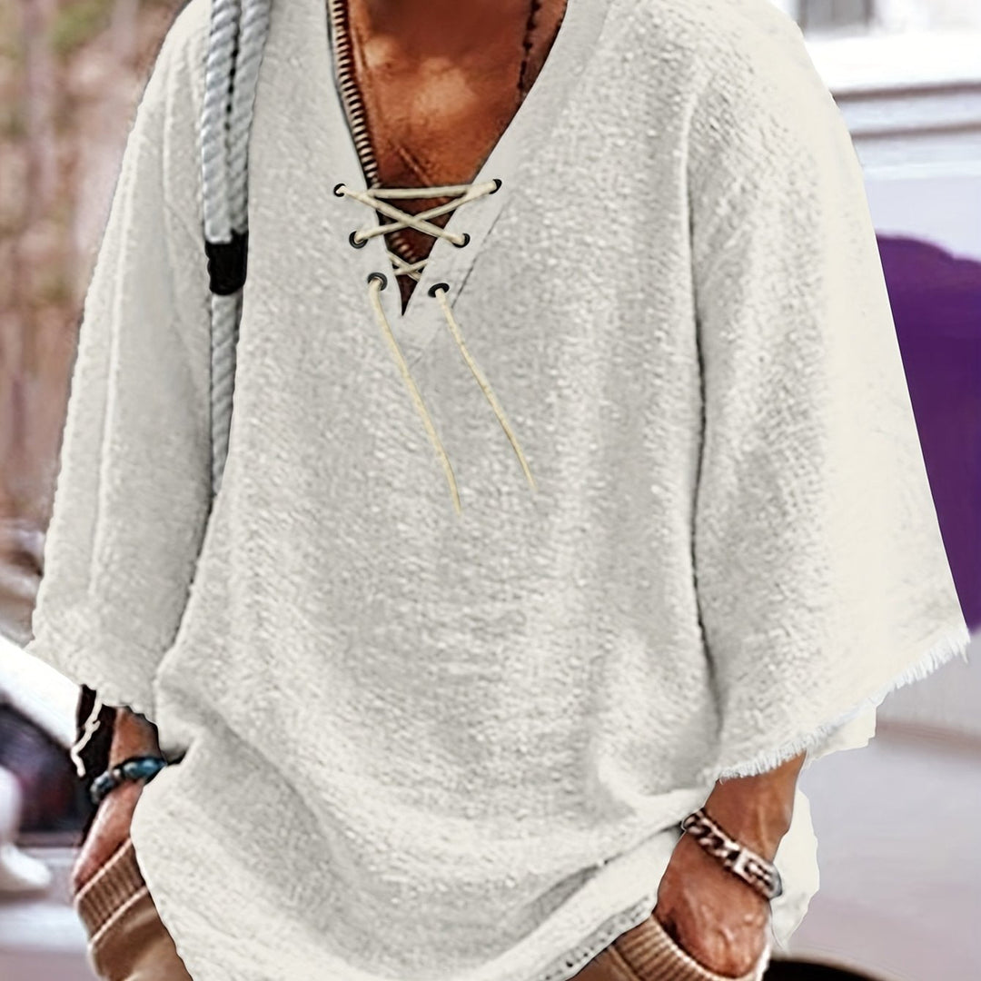Lace-Up V-Neck Shirt for Men, Relaxed Style