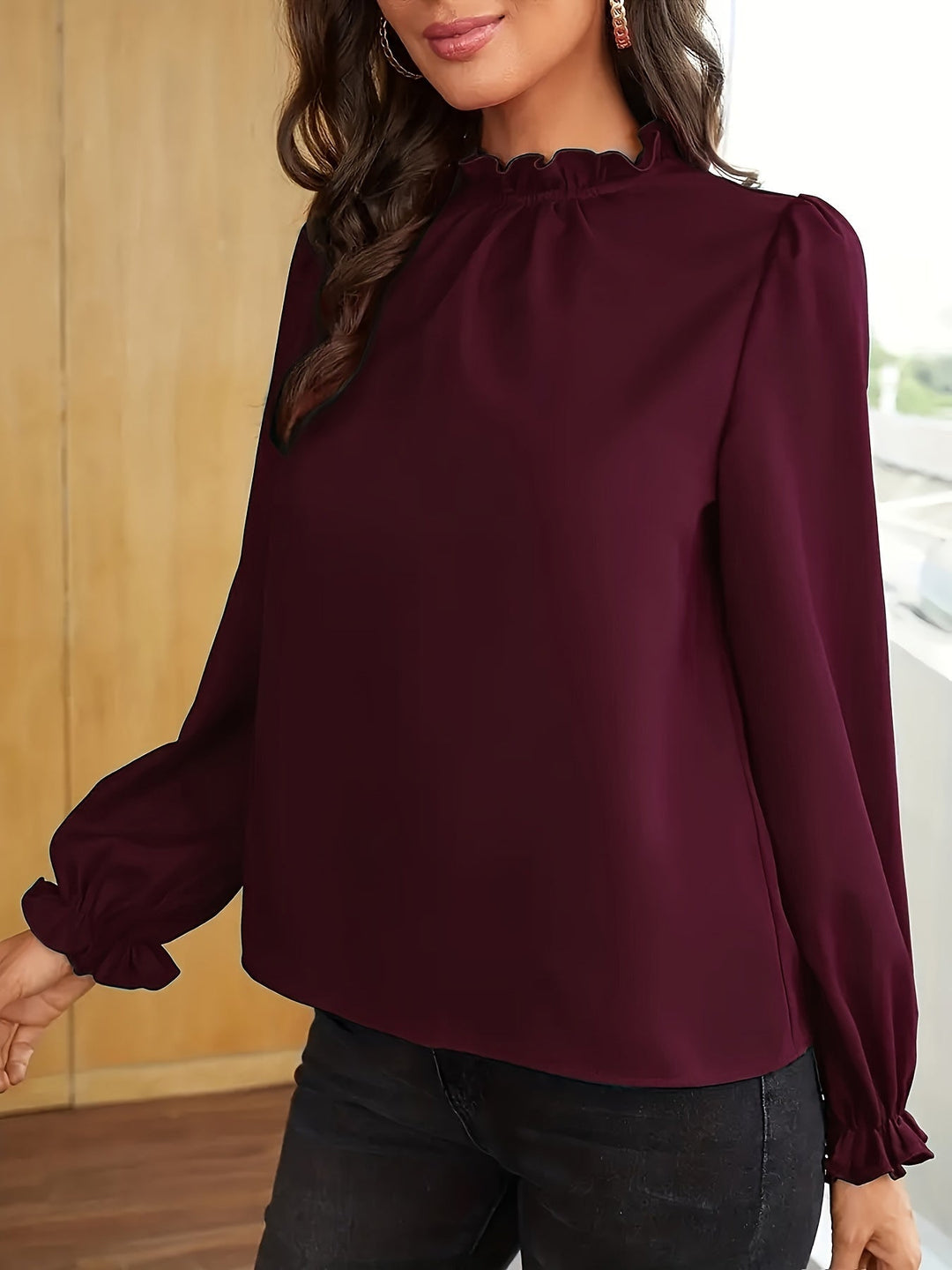 Ruffled High-Neck Puff Sleeve Blouse for Women