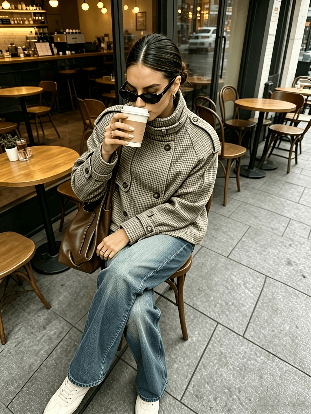 Women's Stand-Collar Houndstooth Jacket