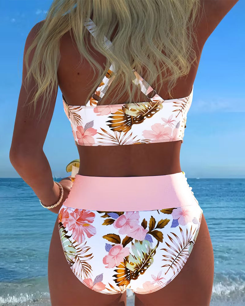 Floral Contrast Cut-Out Bikini for Women, Plus Size
