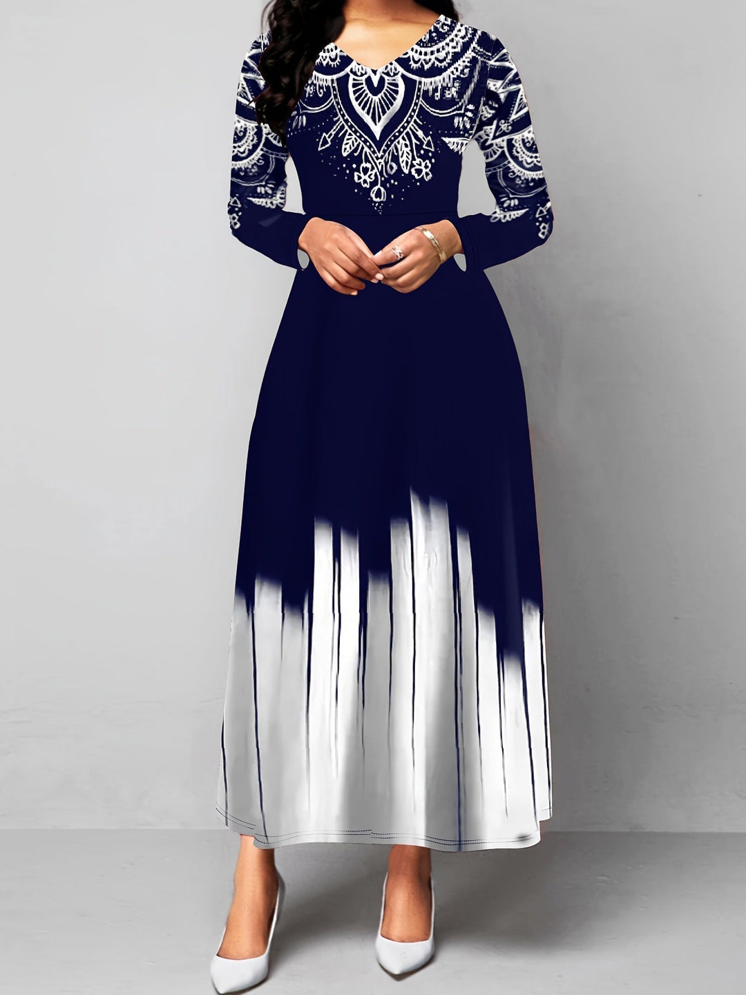 Ornate Print Flared Maxi Dress for Women