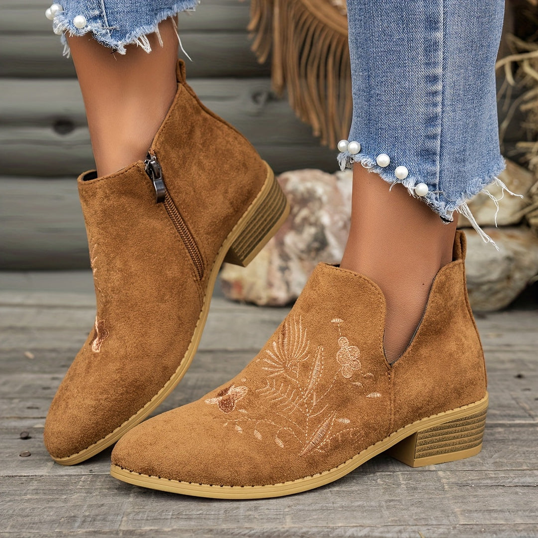 Embroidered Low-Heel Ankle Boots for Women
