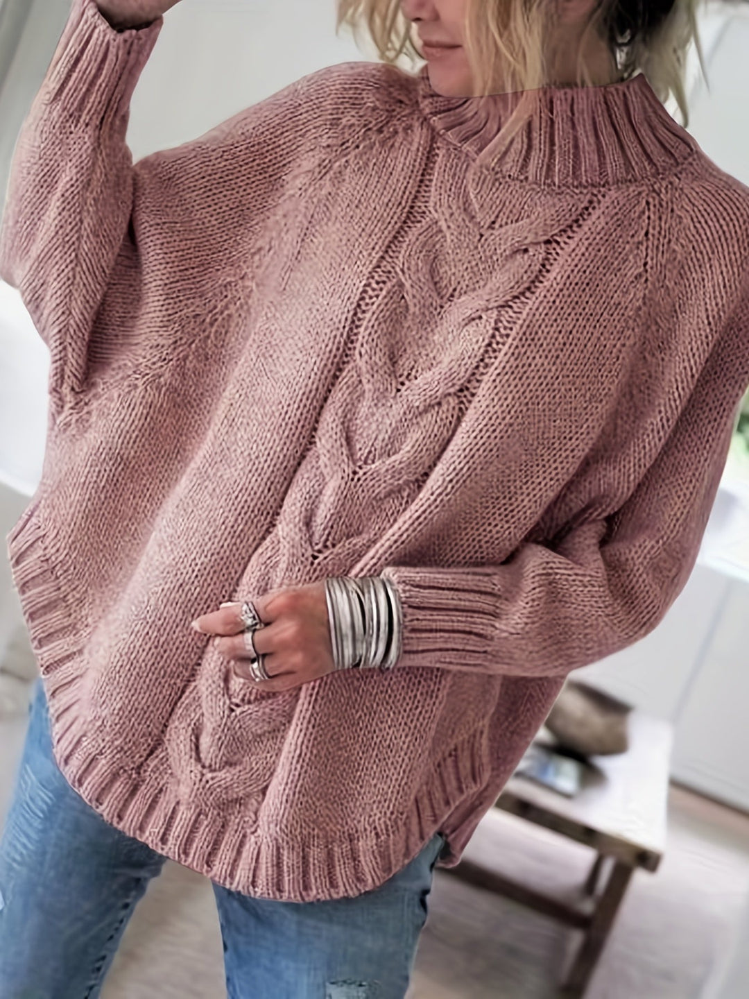 Cable-Knit High-Neck Sweater for Women