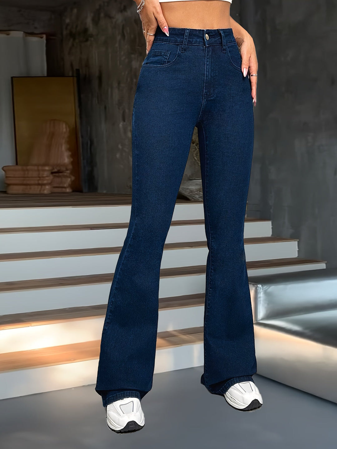 Medium Blue High-Waisted Flared Trousers for Women