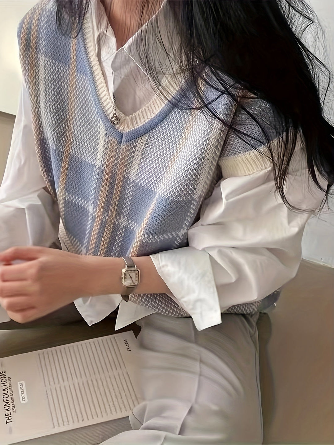 Plaid V-Neck Sweater Vest, Women's Vintage Fit