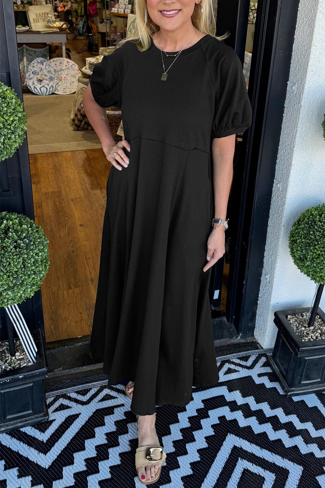 Puff Sleeve Round Neck Maxi Dress for Women, Plus Size