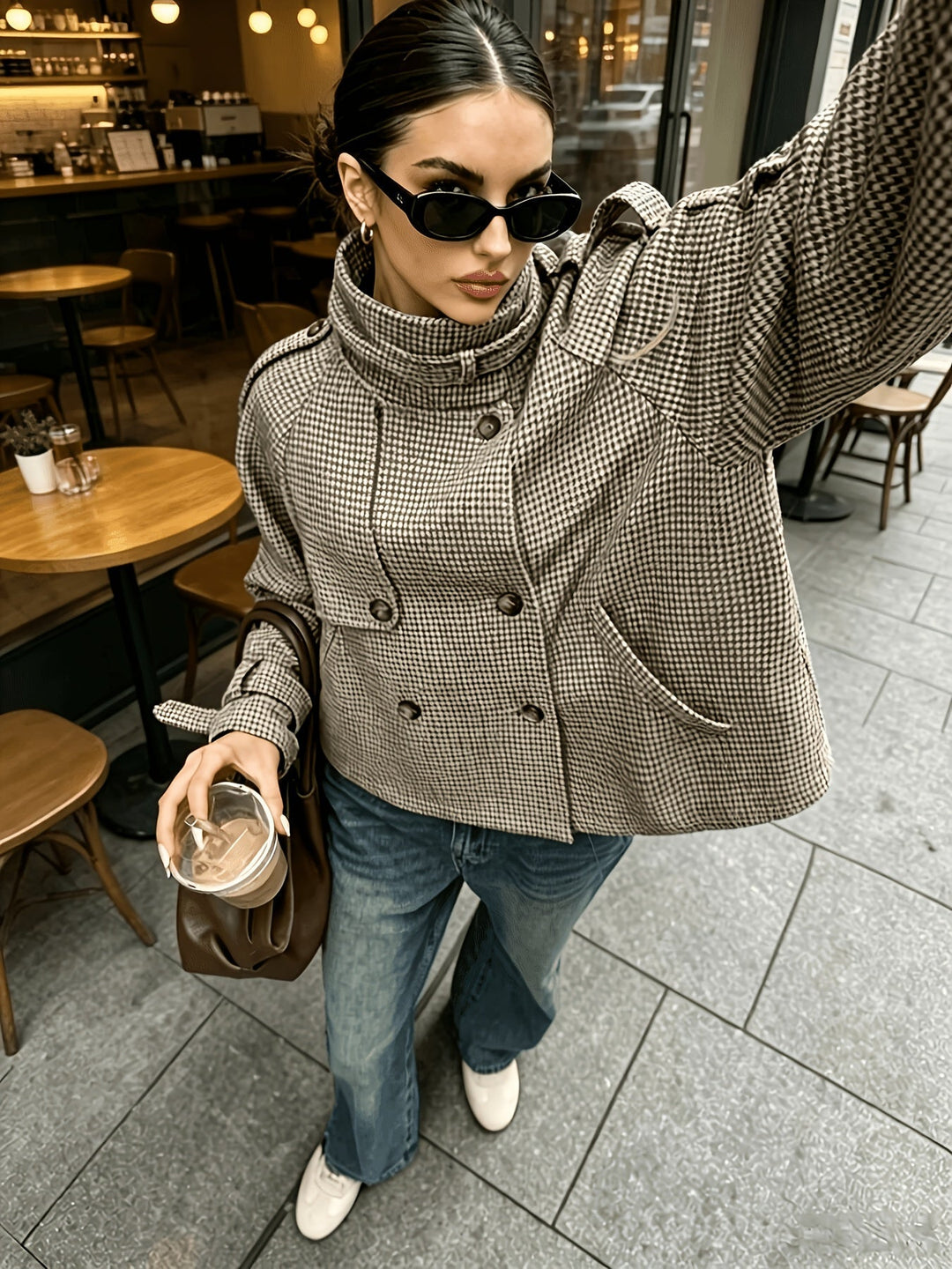 Women's Stand-Collar Houndstooth Jacket