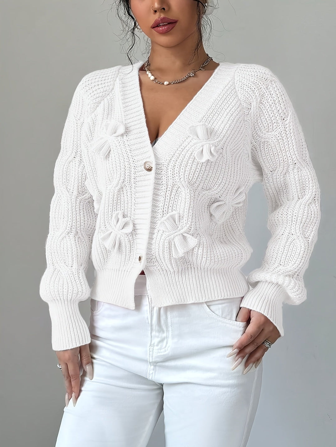 Bow-Detail Long Sleeve Cardigan, Women's Soft Fit