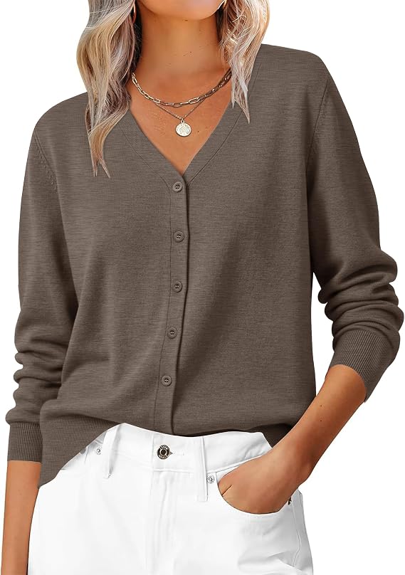Women's V-Neck Long Sleeve Lightweight Cardigan – Brown