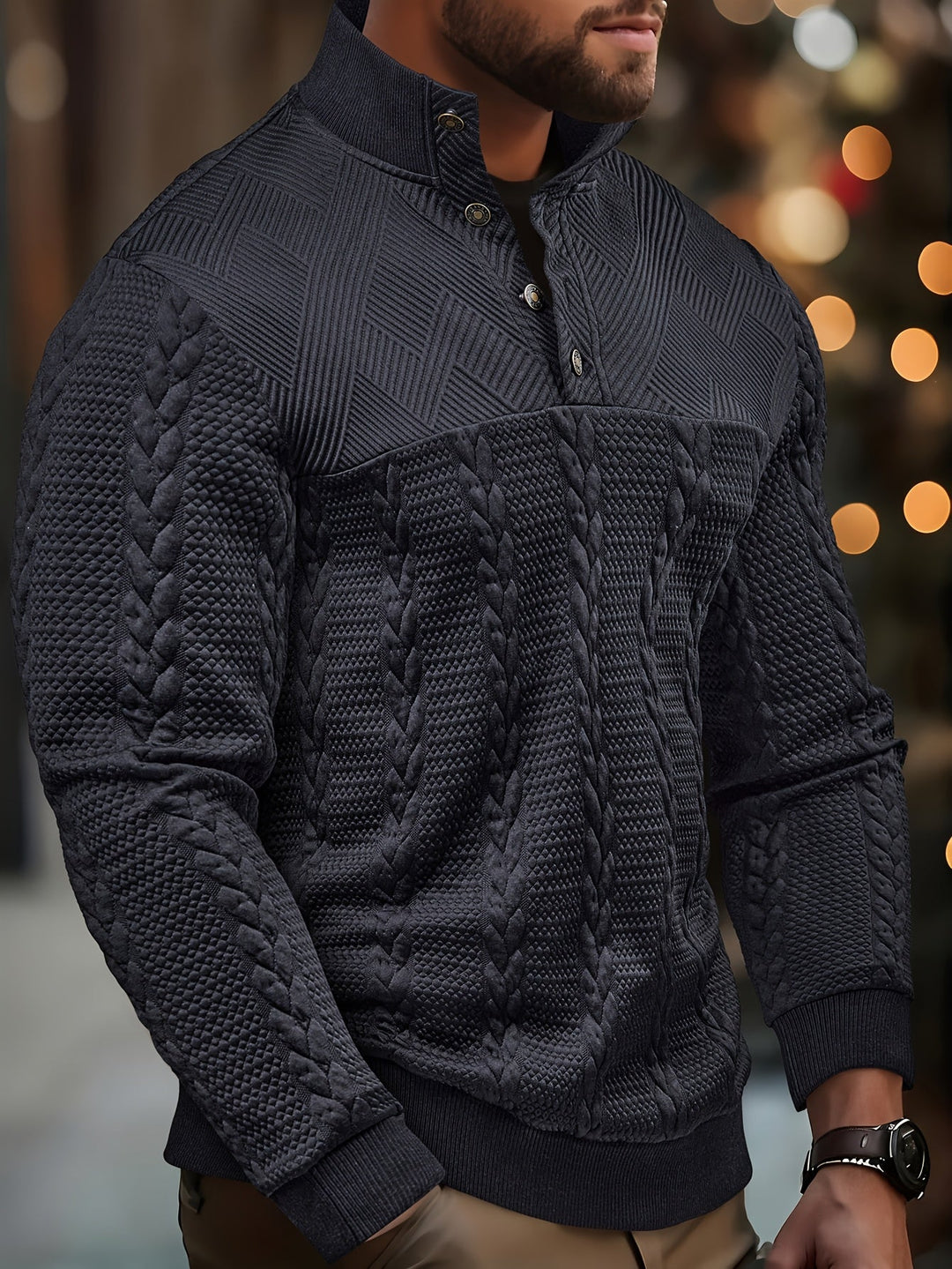 Textured Stand-Collar Pullover for Men
