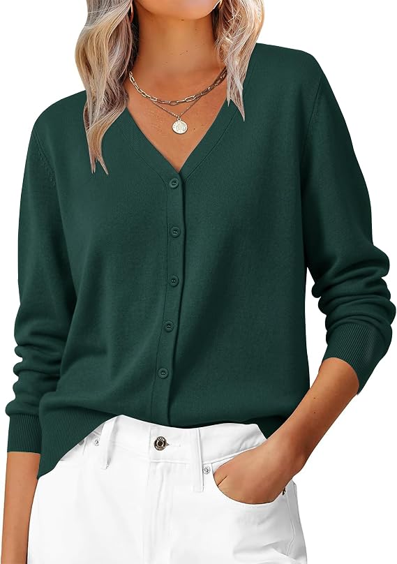 Women's V-Neck Long Sleeve Lightweight Cardigan – Dark Green