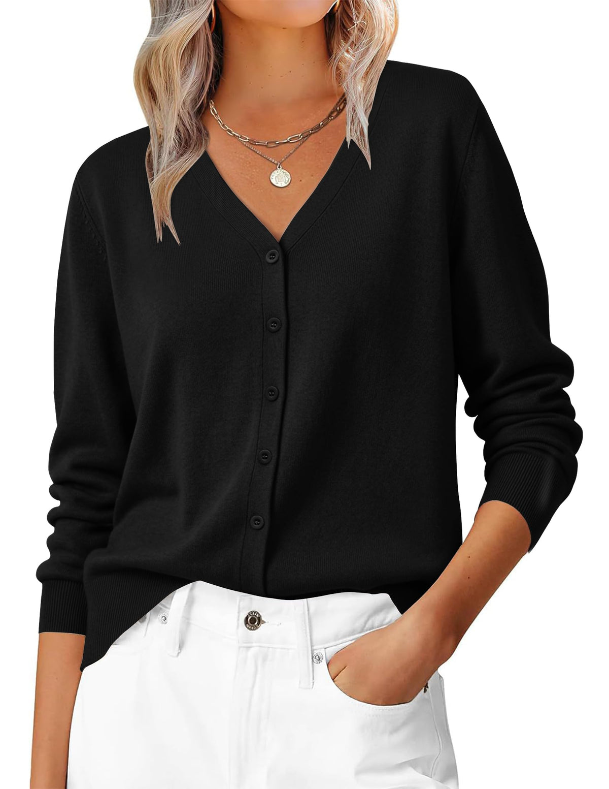 Women's V-Neck Long Sleeve Lightweight Cardigan – Black