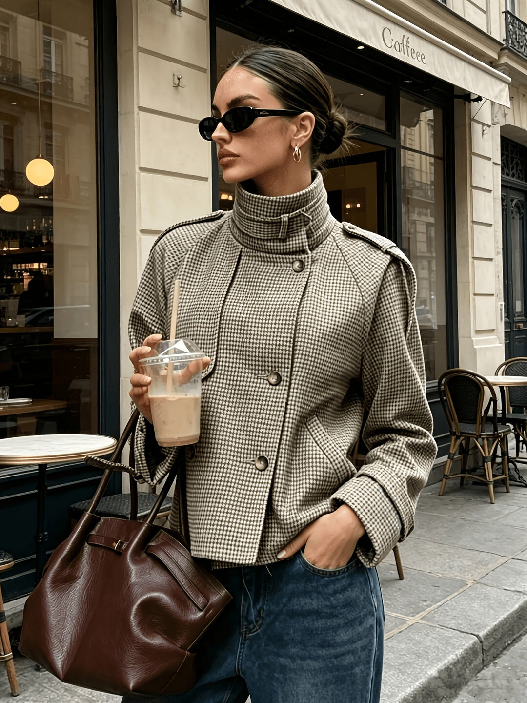 Women's Stand-Collar Houndstooth Jacket