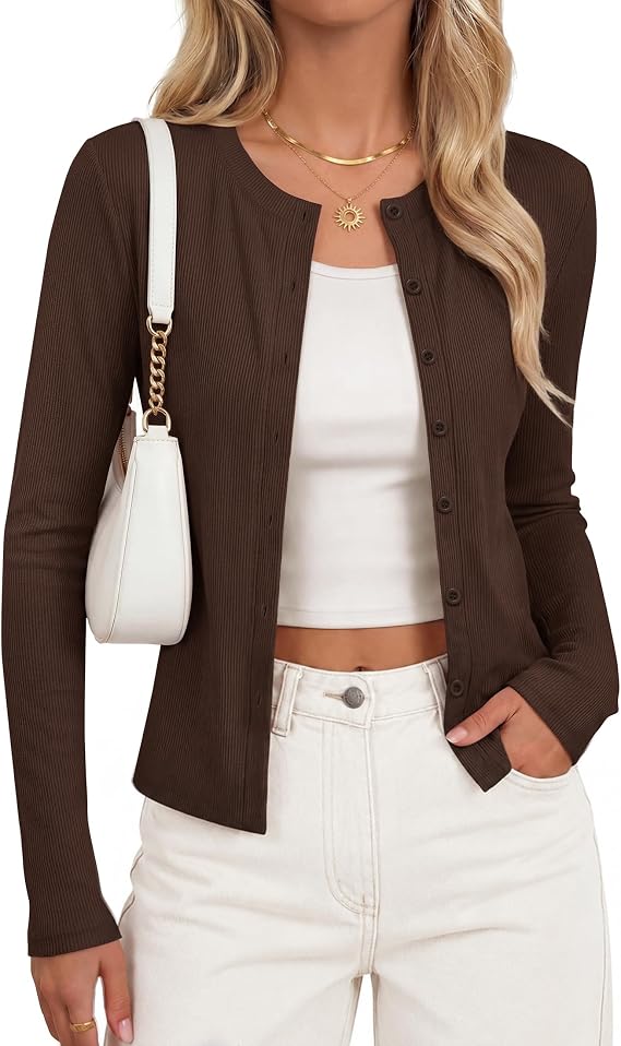 Women's Ribbed Knit Long Sleeve Cardigan – Brown
