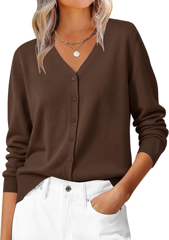 Women's V-Neck Long Sleeve Lightweight Cardigan – Coffee