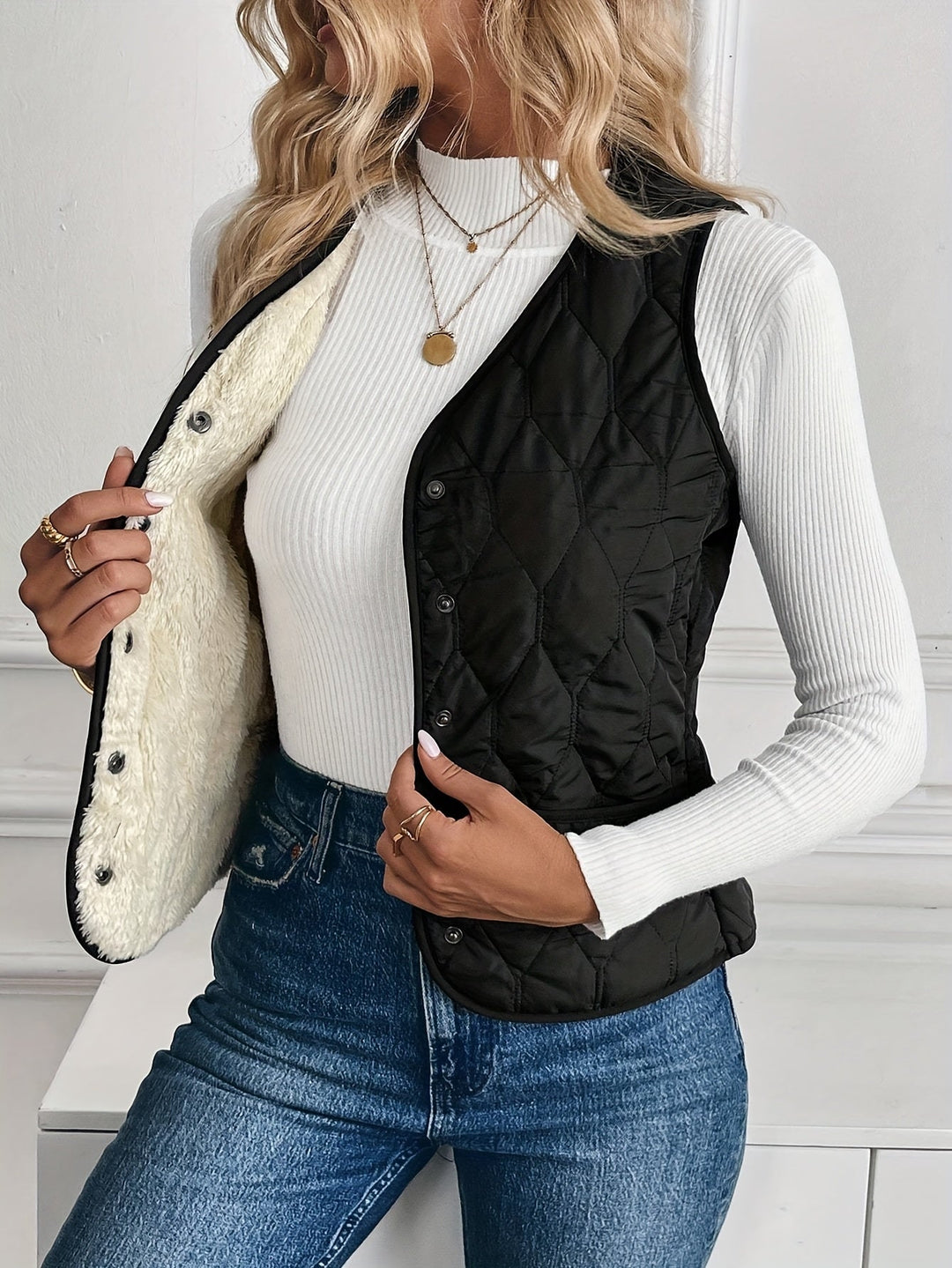 Black Reversible Quilted Vest for Women