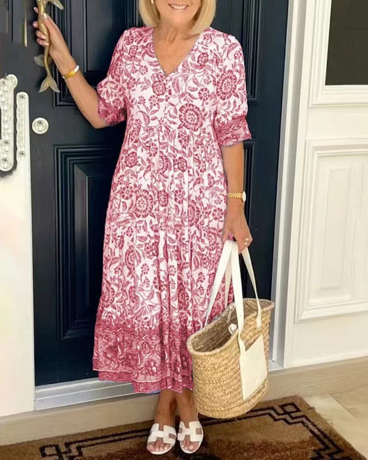 V-Neck Floral Dress, Women's Graceful Fit