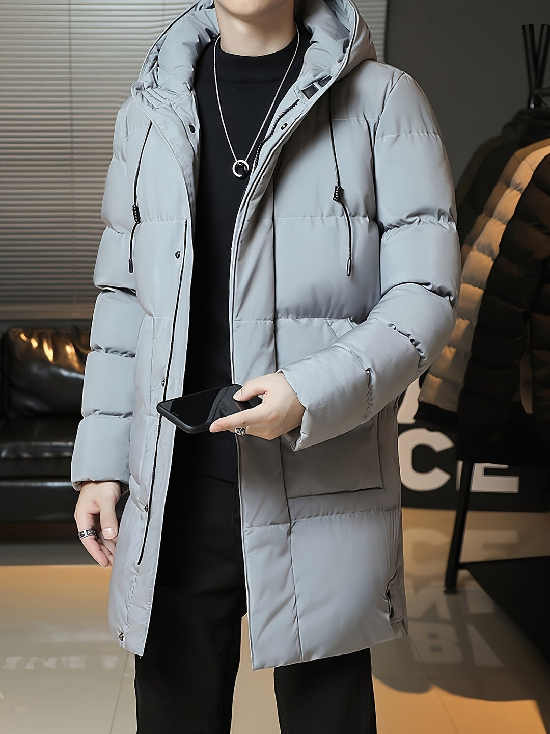 Hooded Longline Puffer Coat for Men, Plus Size
