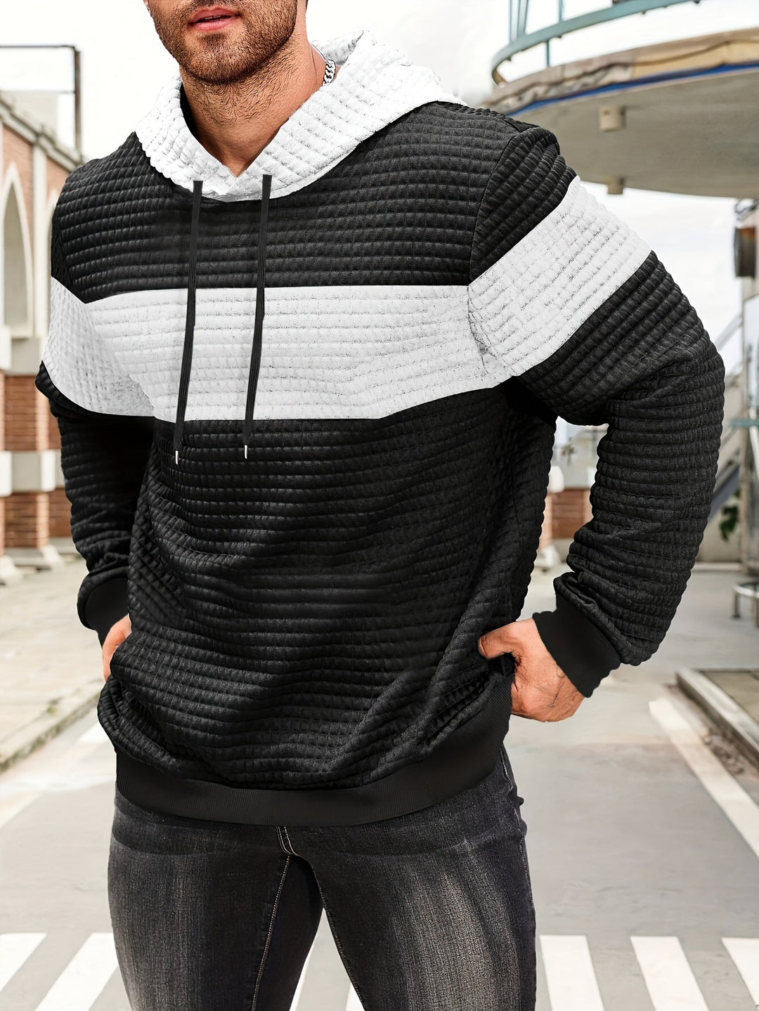 Colour-Block Hoodie for Men, Textured Style
