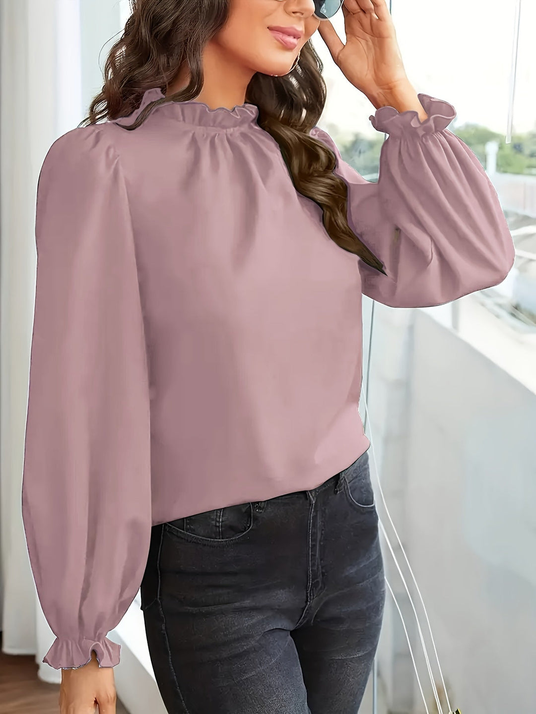 Ruffled High-Neck Puff Sleeve Blouse for Women