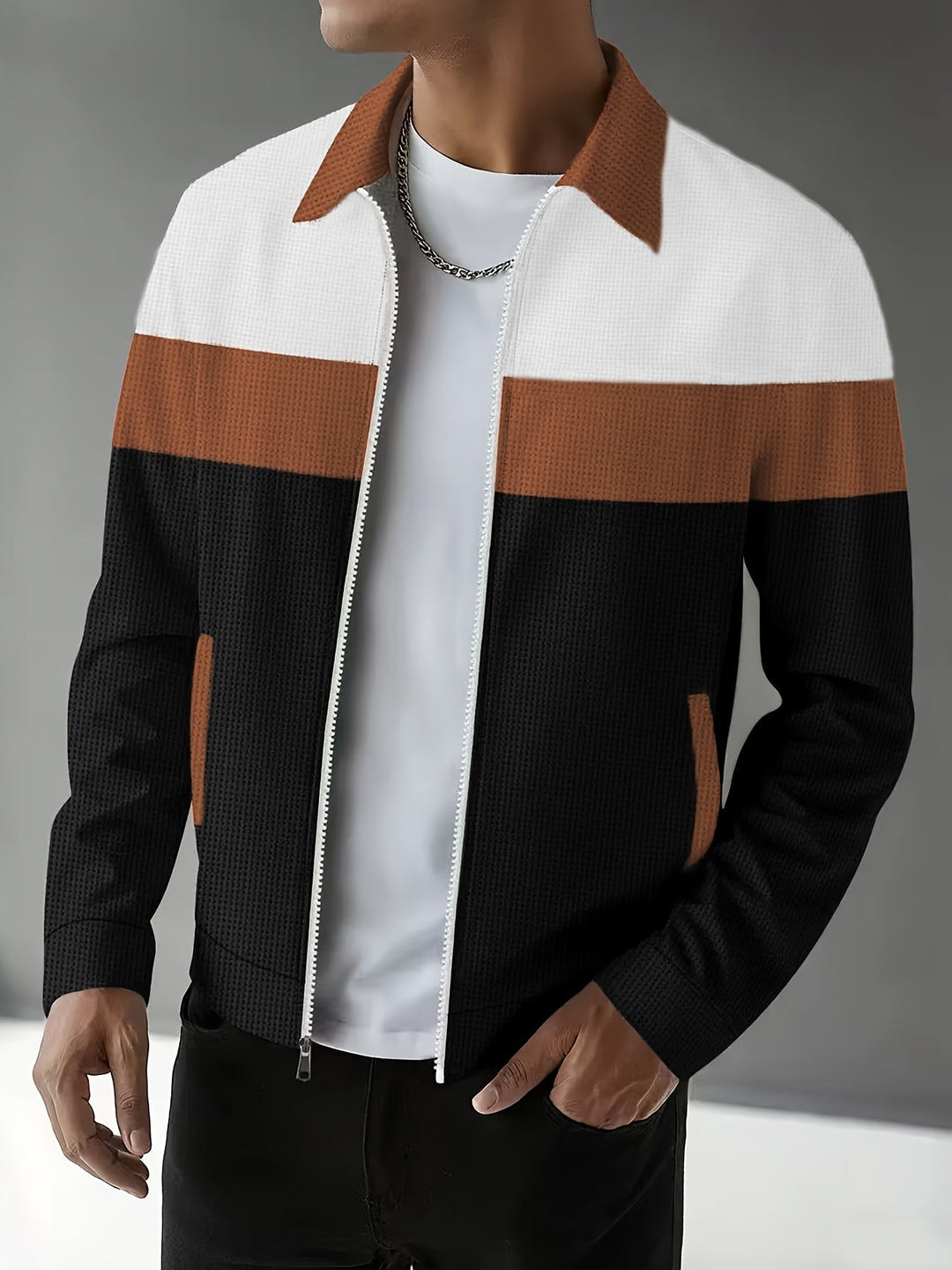 Rust Color-Block Zip-Up Jacket for Men