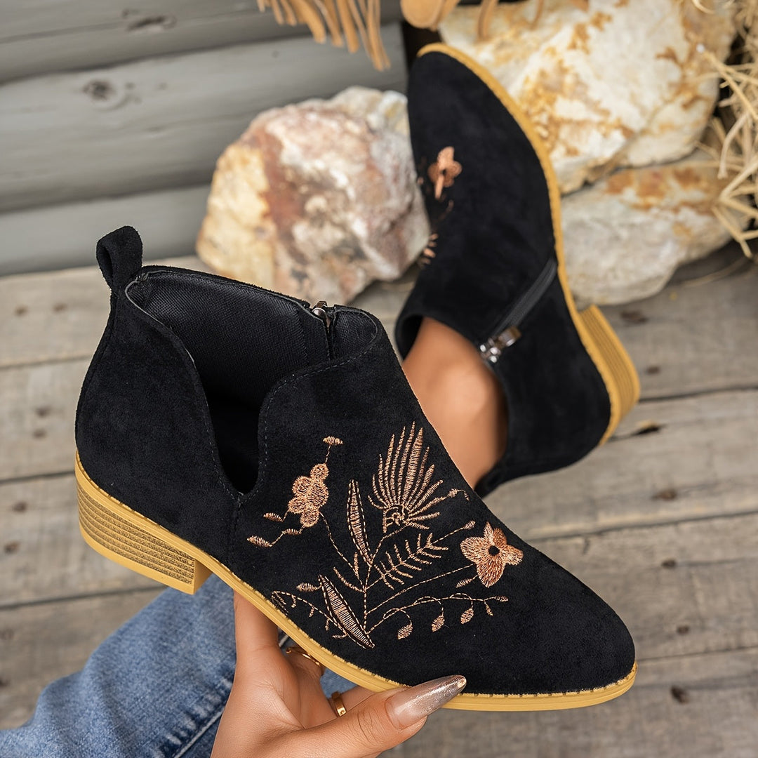Embroidered Low-Heel Ankle Boots for Women
