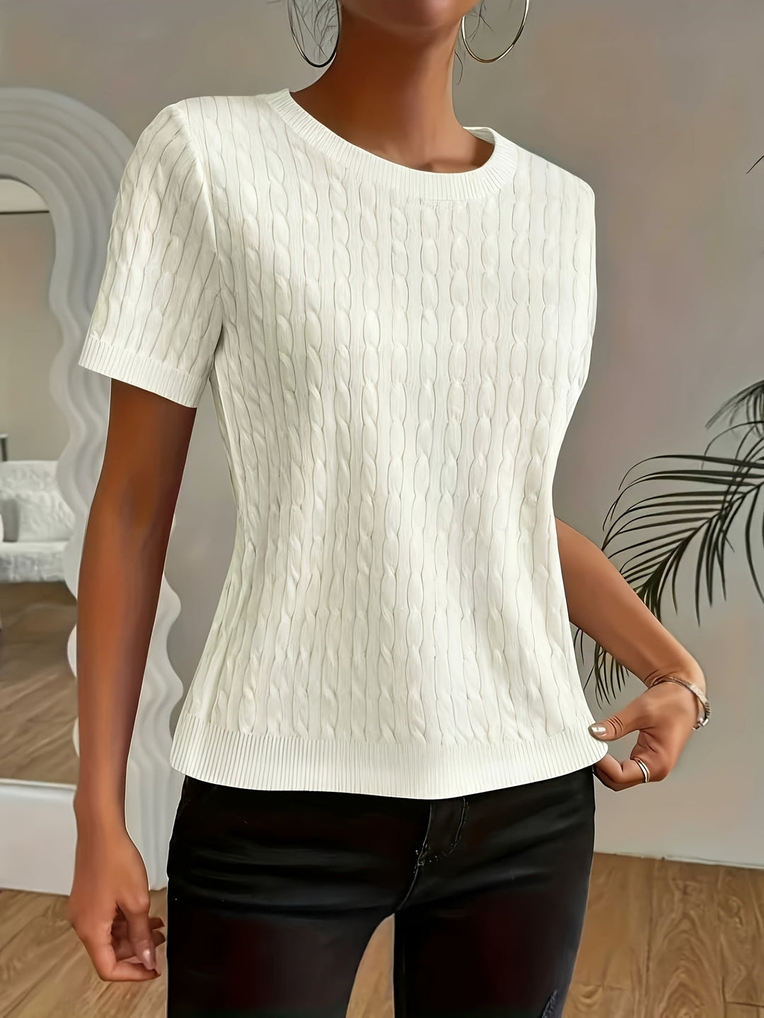 Round Neck Short Sleeve Top for Women, Textured Style