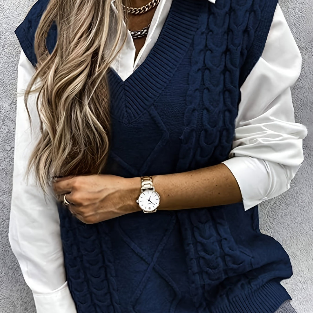 Ladies Cozy Cable-Knit V-Neck Sweater Vest