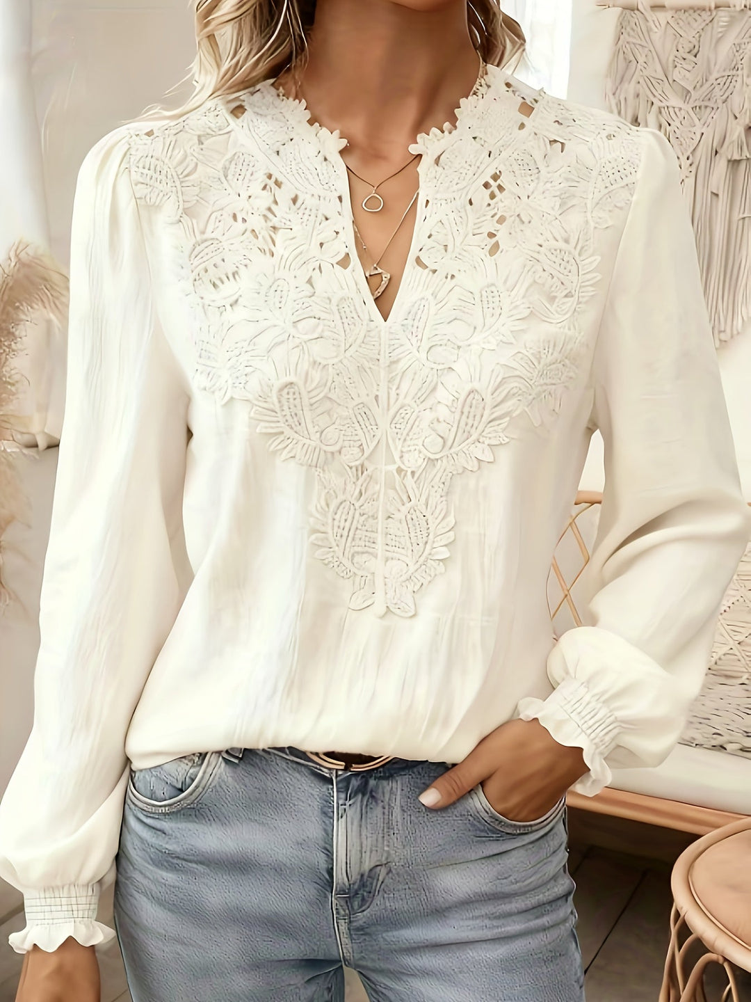 Embroidered V-Neck Blouse for Women
