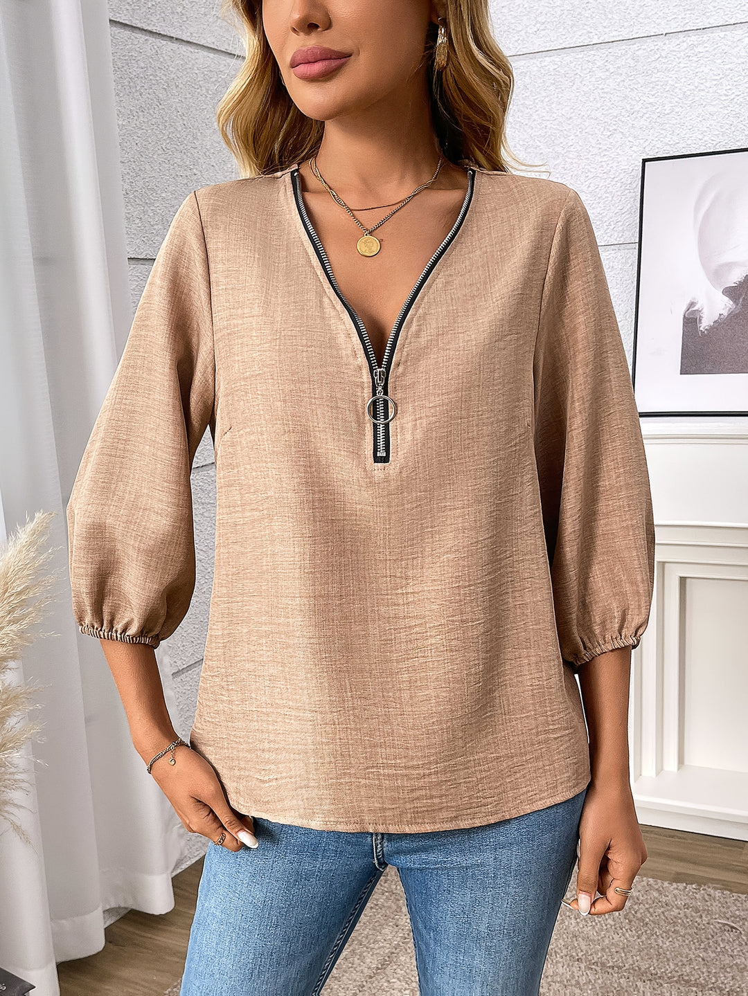 Khaki Zip-Front V-Neck Blouse for Women