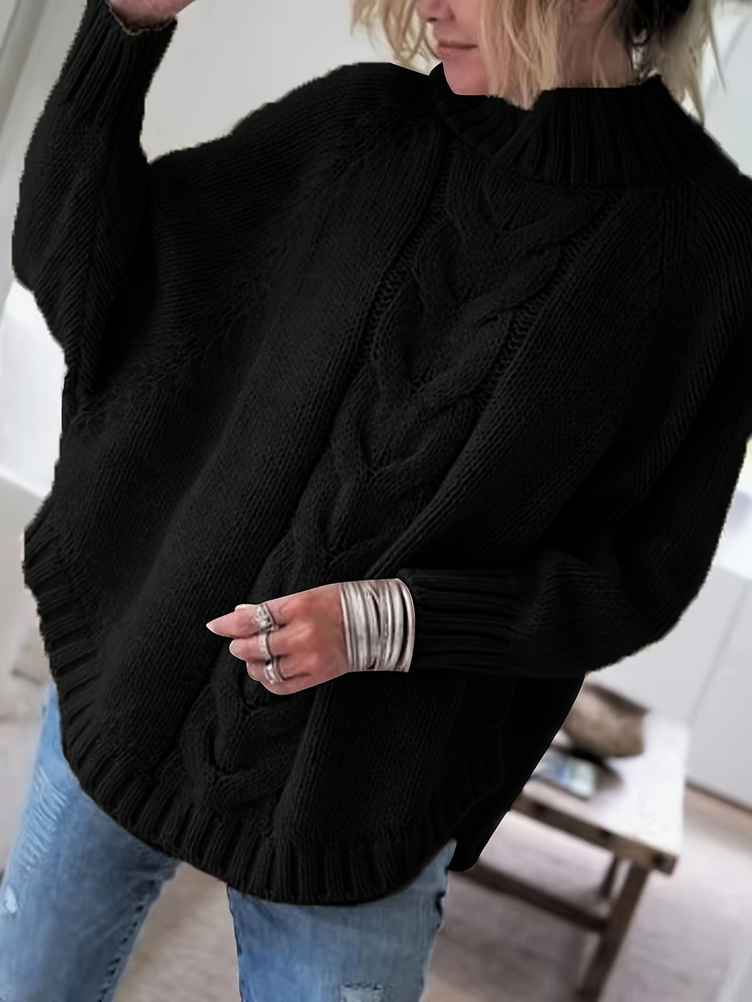 High-Neck Cable-Knit Sweater for Women, Cozy Style