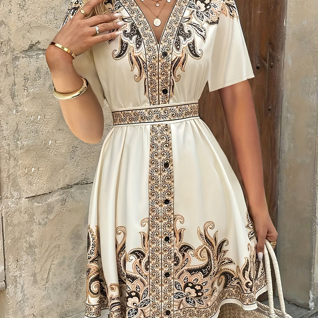 Apricot Bohemian Print A-Line Dress for Women