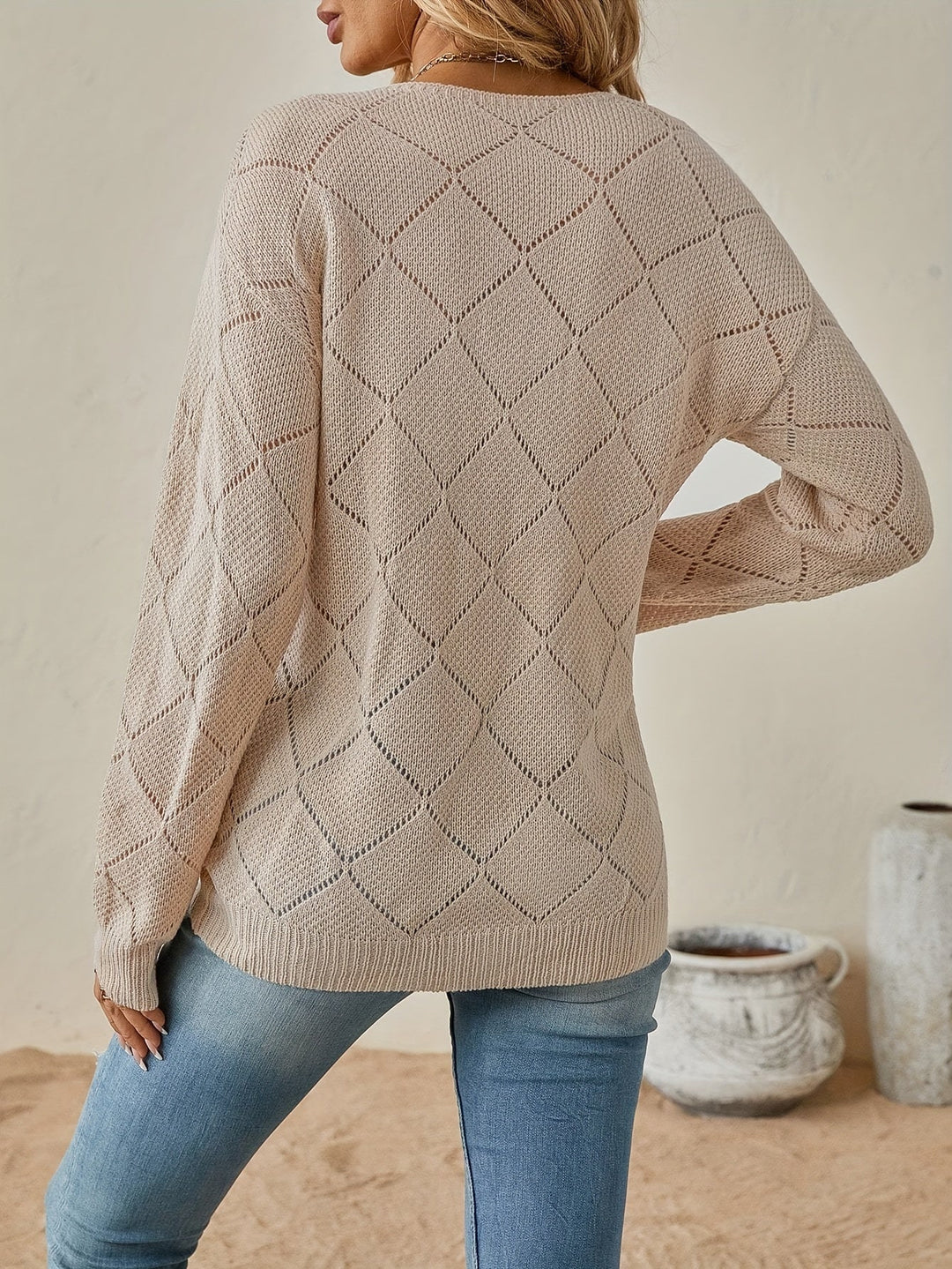 Openwork V-Neck Sweater for Women