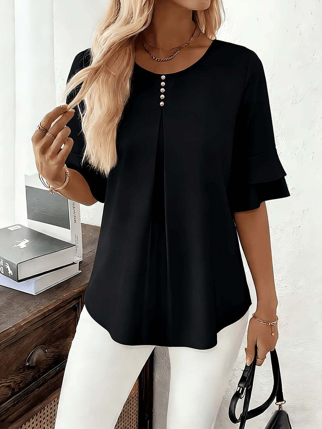 Flared-Sleeve Pleated Blouse for Women